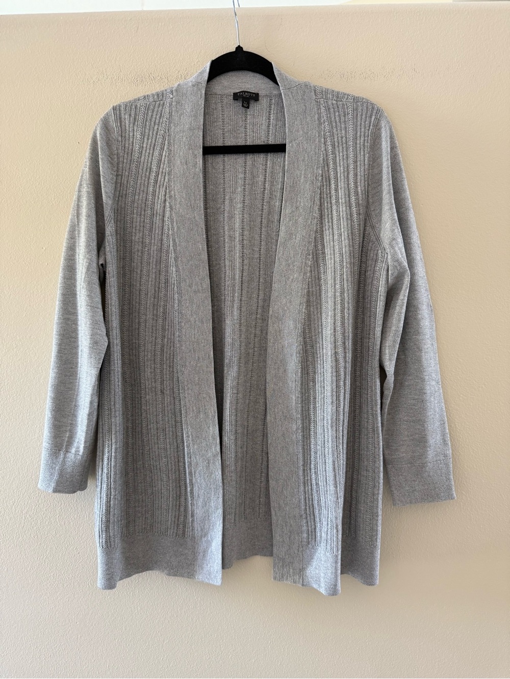 Talbots Women’s Gray Open-Front Ribbed Knit Cardigan With Silver Shimmer